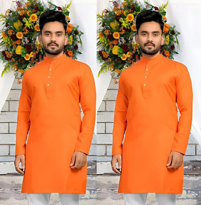 LookMakers Men Self Design Straight Kurta(Orange)