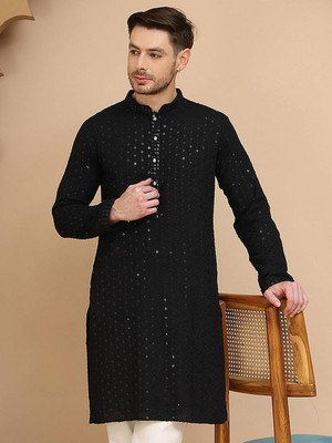CHIRASVI Men Embroidered Straight Kurta(Black)