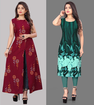 tanvi creation Women Printed A-line Kurta(Maroon, Green)