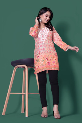 MADHAVLIFESTYLE Women Chikan Embroidery A-line Kurta(Orange)
