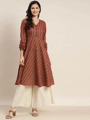 Jompers Women Printed A-line Kurta(Brown)