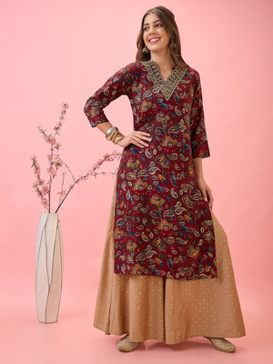 Globus Women Embroidered Straight Kurta(Maroon)