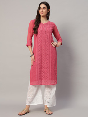 Umoly Women Chikan Embroidery A-line Kurta(Pink)