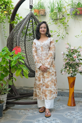Elegance Hub Women Chikan Embroidery A-line Kurta(Beige)