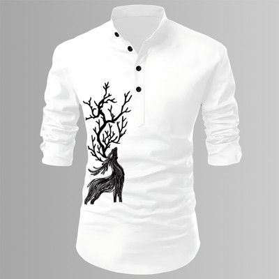 hfm Men Animal Print Straight Kurta(White)