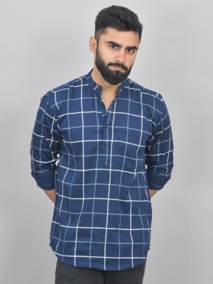 QuaClo Men Checkered Straight Kurta(Dark Blue)