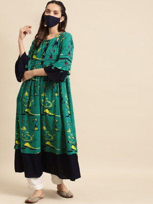 all about you Women Printed Anarkali Kurta(Green)