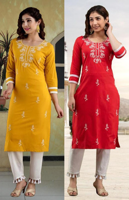 vikshi Women Chikan Embroidery Straight Kurta(Red, Yellow)