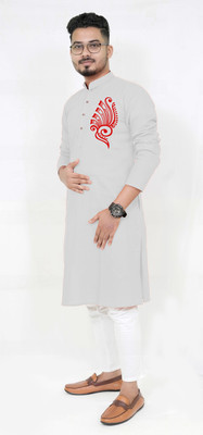 Rainbow Cloths Men Printed Straight Kurta(White)