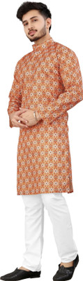 DHASU TRENDZ Men Printed Straight Kurta(Orange, Multicolor)