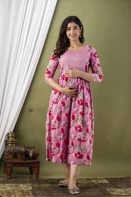 GUNINI Women Floral Print Anarkali Kurta(Pink, Red)