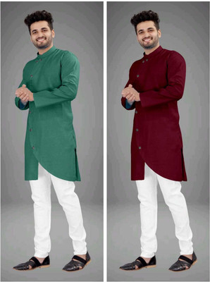 CRYSTALREVENUE Men Solid Trail Cut Kurta(Multicolor)
