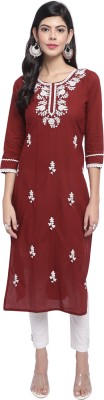 Wonder Weave Women Embroidered Straight Kurta(Maroon, White)