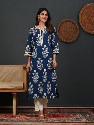 WGC Women Floral Print Straight Kurta(Blue)