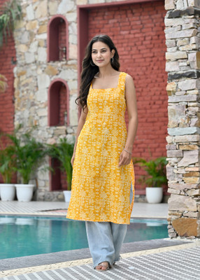 Nayo Women Printed Straight Kurta(Yellow)