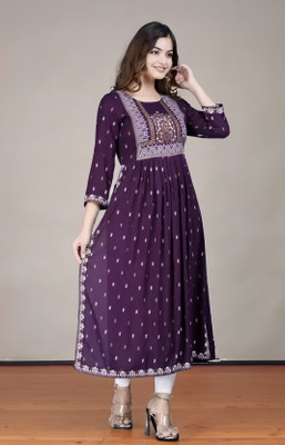 Sharleez Women Printed Straight Kurta(Purple, White)