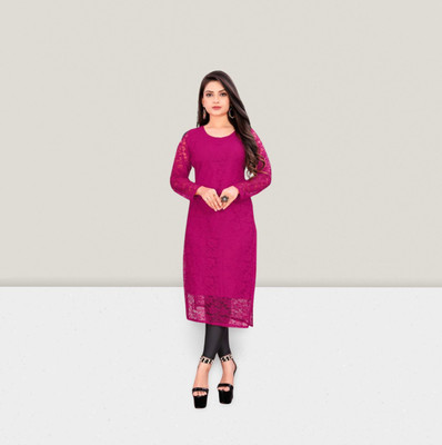 HOC's Women Self Design Straight Kurta(Pink)