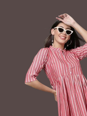Houseofcommonv Women Striped A-line Kurta(Pink)