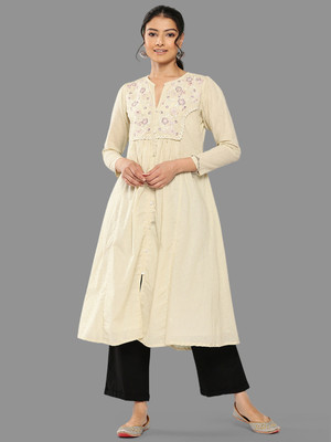 Janasya Women Solid Flared Kurta(White)