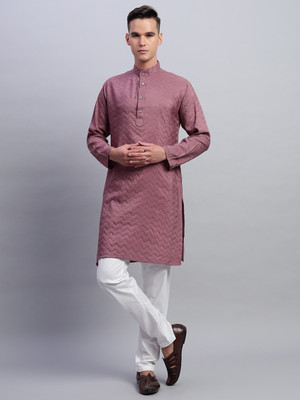 rutva Men Woven Design Flared Kurta(Pink)