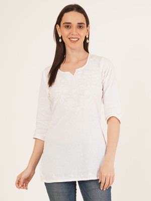 Miss Peach Casual Embroidered Women White Top
