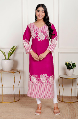 JKM Women Striped, Floral Print A-line Kurta(Yellow, White)