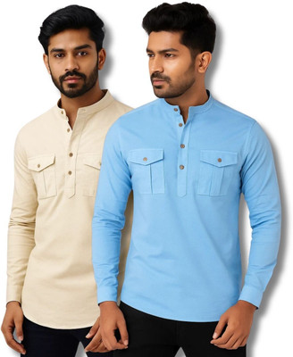 RANGFIT Men Solid Straight Kurta(Beige, Light Blue)