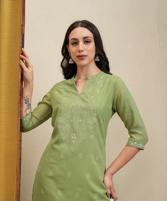 Vishudh Women Printed Straight Kurta(Green)