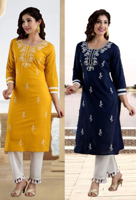 vikshi Women Embroidered Straight Kurta(Multicolor)