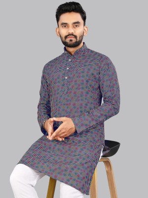 Svatantra Men Printed Straight Kurta(Blue)