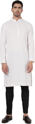 Kaashi Couture Men Chikan Embroidery Straight Kurta(White)