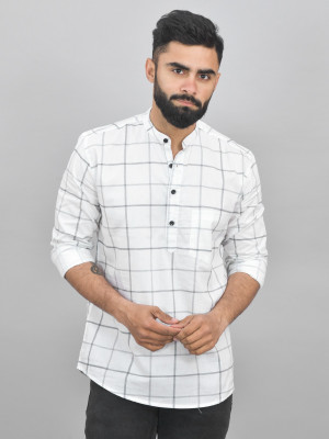 QuaClo Men Checkered Straight Kurta(White)