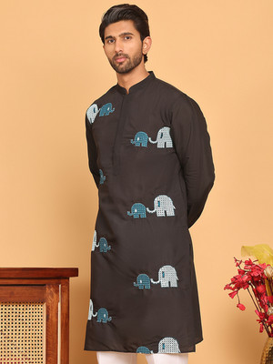 ANOUK Men Embroidered Straight Kurta(Black)