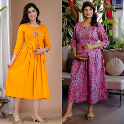 Cool Style Women Printed Gown Kurta(Yellow)