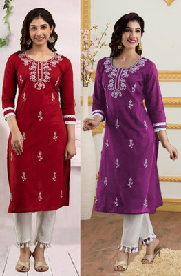 vikshi Women Chikan Embroidery Straight Kurta(Multicolor)