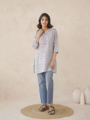 Goodhand Women Printed Straight Kurta(Light Blue)