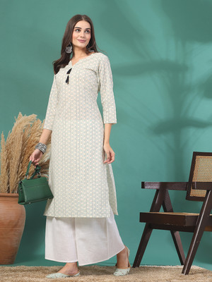Krutih Women Striped Straight Kurta(White, Blue)