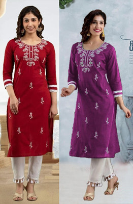 SISTO Women Chikan Embroidery Straight Kurta(Multicolor)