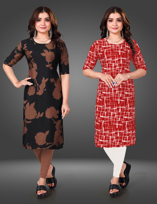 KASASKA Women Printed Straight Kurta(Red)