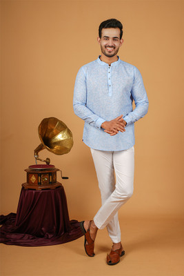 SHUBH HO Men Floral Print A-line Kurta(Light Blue)