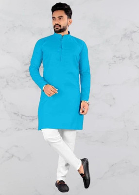 HOC's Men Solid Straight Kurta(Light Blue)