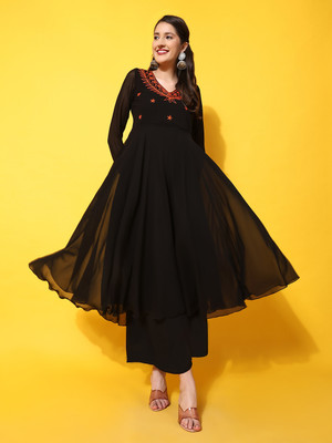 Poshak Hub Women Embroidered Anarkali Kurta(Black)