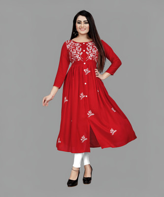 krazzykudy Women Embroidered Flared Kurta(Red)