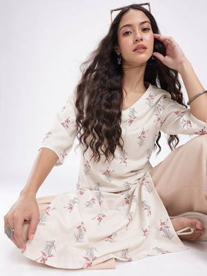 Anouk Rustic Women Floral Print Straight Kurta(White)