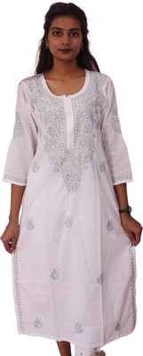 Jk fashion Women Chikan Embroidery Straight Kurta(White)