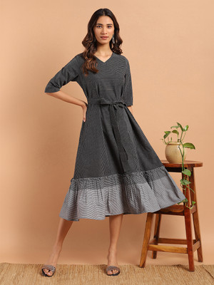 Janasya Women Striped A-line Kurta(Black)