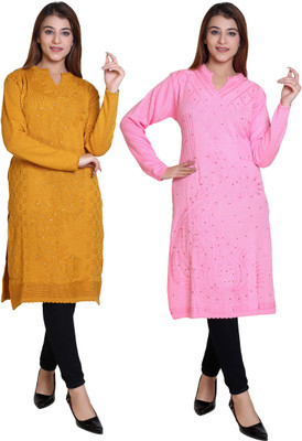 Japroz Women Embellished, Embroidered, Self Design A-line Kurta(Yellow, Pink)