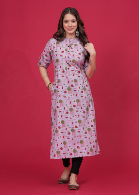 Dizon Women Printed Straight Kurta(Purple)