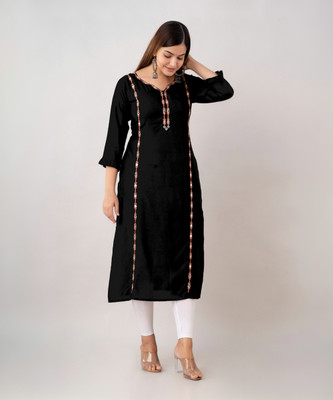 HouseOfCommon Women Embroidered Straight Kurta(Black)