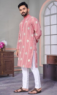 Lazzly Men Embroidered Straight Kurta(Pink)